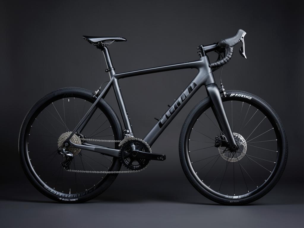 Bicicleta speed de estrada em carbono com freios a disco, vista lateral em estúdio escuro